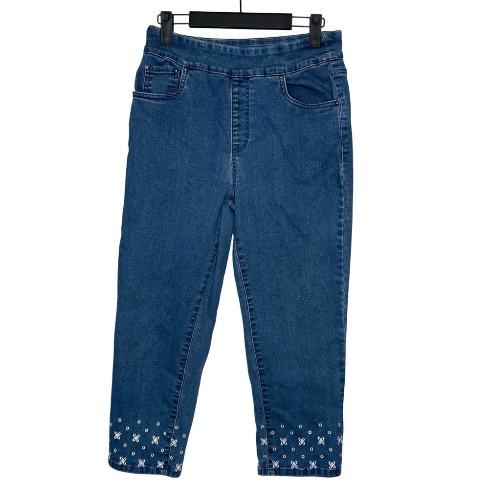 Blair Embellished Denim Crop Jeans Size 10 Cottagecore Beaded Cuff Blue Stretch